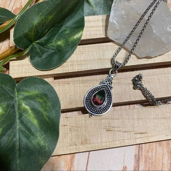 Bi-Color Tourmaline Green Pink Sterling Silver Pendant Necklace - Picture 4 of 4